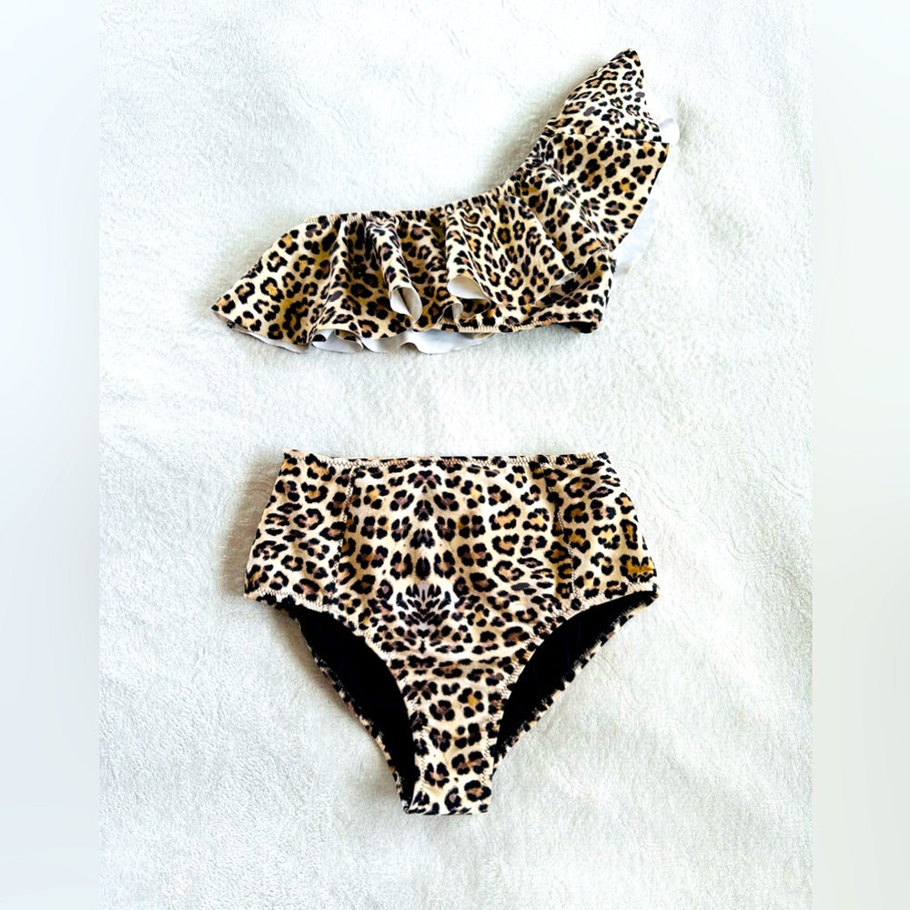Mouille Women's Black Brown Two Piece High Waist Swimsuit Bikini Animal Print S